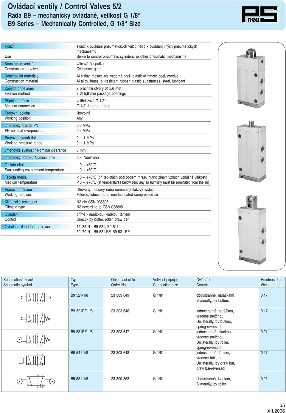 mazivo Construction material Al alloy, brass, oil-resistant rubber, plastic substances, steel, lubricant ZpÛsob pfiipevnûní prûchozí otvory mm Fixation method mm passage openings Pfiipojení média