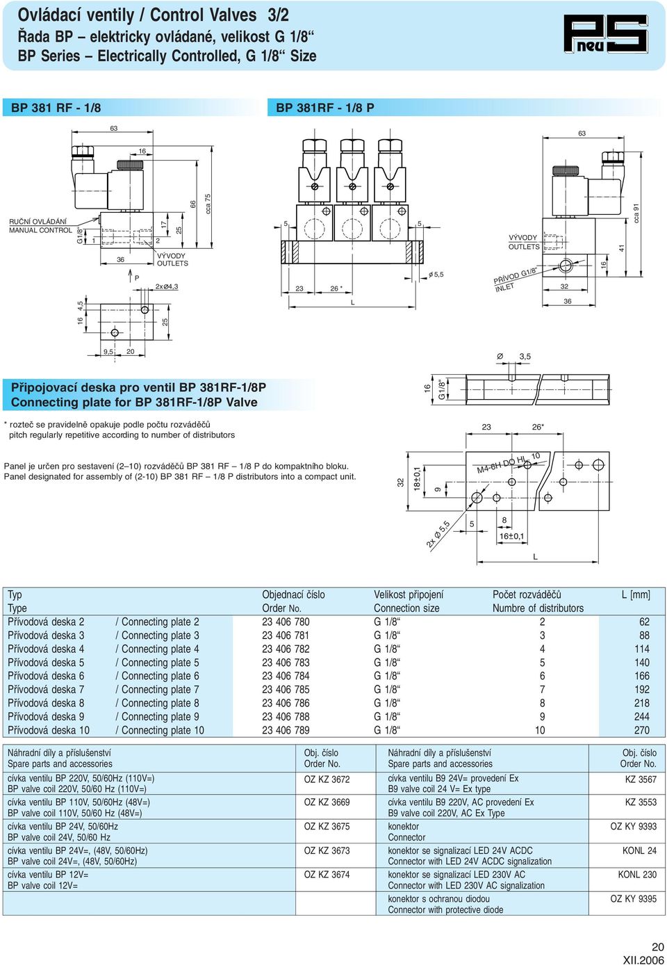 0 9 66 cca 75 x 4, 5 5 6 * 5,5 V VODY OUTLETS P ÍVOD G/8 INLET 6 5 4 4,5 L 6 6 cca 9 9,5 0 Pfiipojovací deska pro ventil BP 8RF-/8P Connecting plate for BP 8RF-/8P Valve 6 G/8" * rozteã se pravidelnû