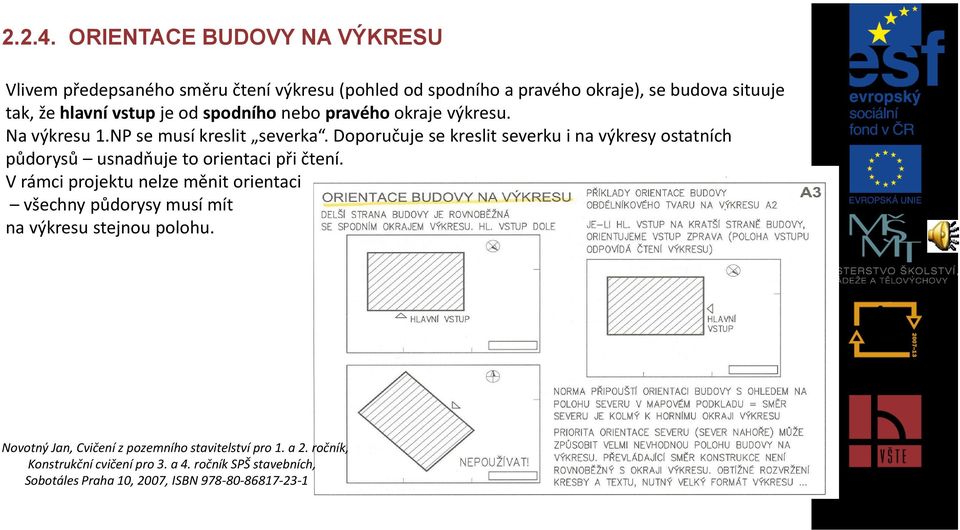 od spodního nebo pravého okraje výkresu. Na výkresu 1.NP se musí kreslit severka.