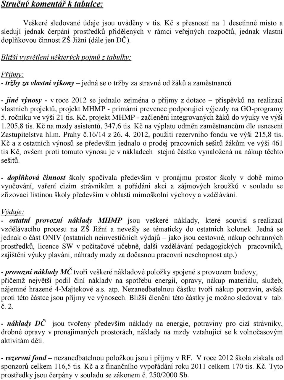 Bližší vysvětlení některých pojmů z tabulky: Příjmy: - tržby za vlastní výkony jedná se o tržby za stravné od žáků a zaměstnanců - jiné výnosy - v roce 2012 se jednalo zejména o příjmy z dotace