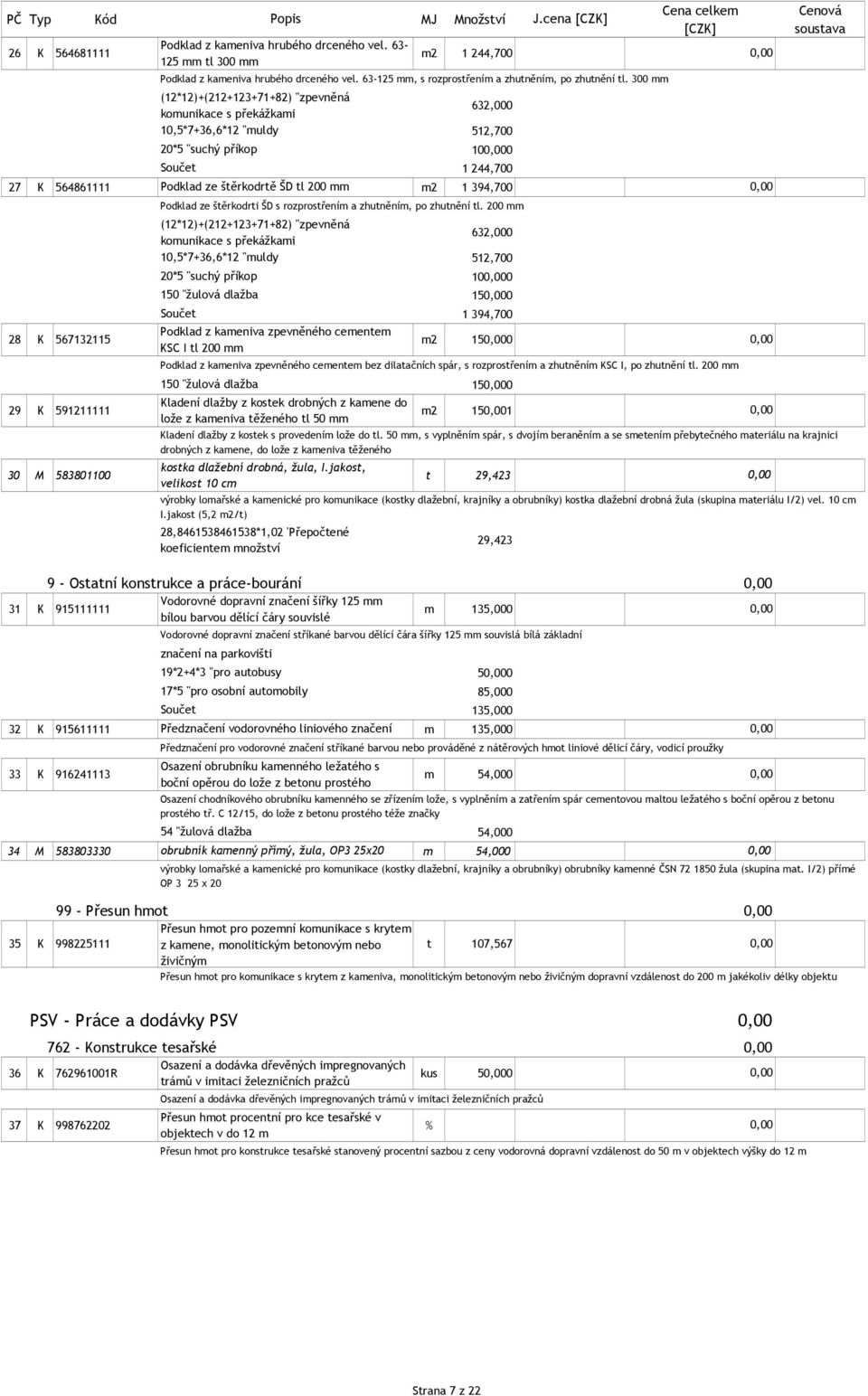 300 mm (12*12)+(212+123+71+82) "zpevněná komunikace s překážkami 10,5*7+36,6*12 "muldy 20*5 "suchý příkop 632,000 512,700 100 1 244,700 27 K 564861111 Podklad ze štěrkodrtě ŠD tl 200 mm m2 1 394,700