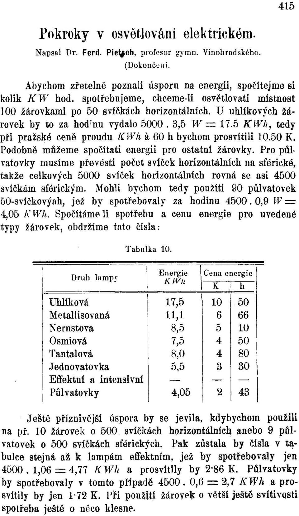 5 KWh, tedy při pražské ceně proudu KWh á 60 h bychom prosvítili 10.50 K. Podobně můžeme spočítati energii pro ostatní žárovky.