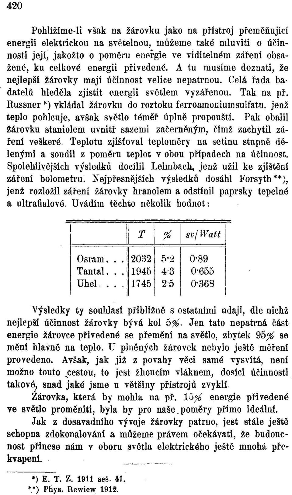 Russner *) vkládal žárovku do roztoku ferroamoniumsulfátu, jenž teplo pohlcuje, avšak světlo téměř úplně propouští. Pak obalil žárovku staniolem uvnitř sazemi začerněným, čímž zachytil záření veškeré.