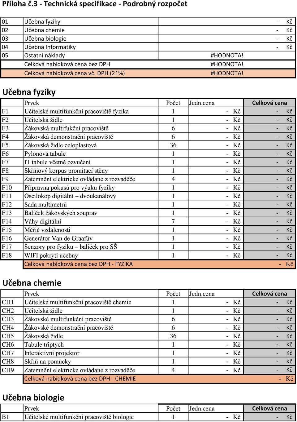DPH (21%) #HODNOTA! #HODNOTA! #HODNOTA! Učebna fyziky Prvek Počet Jedn.