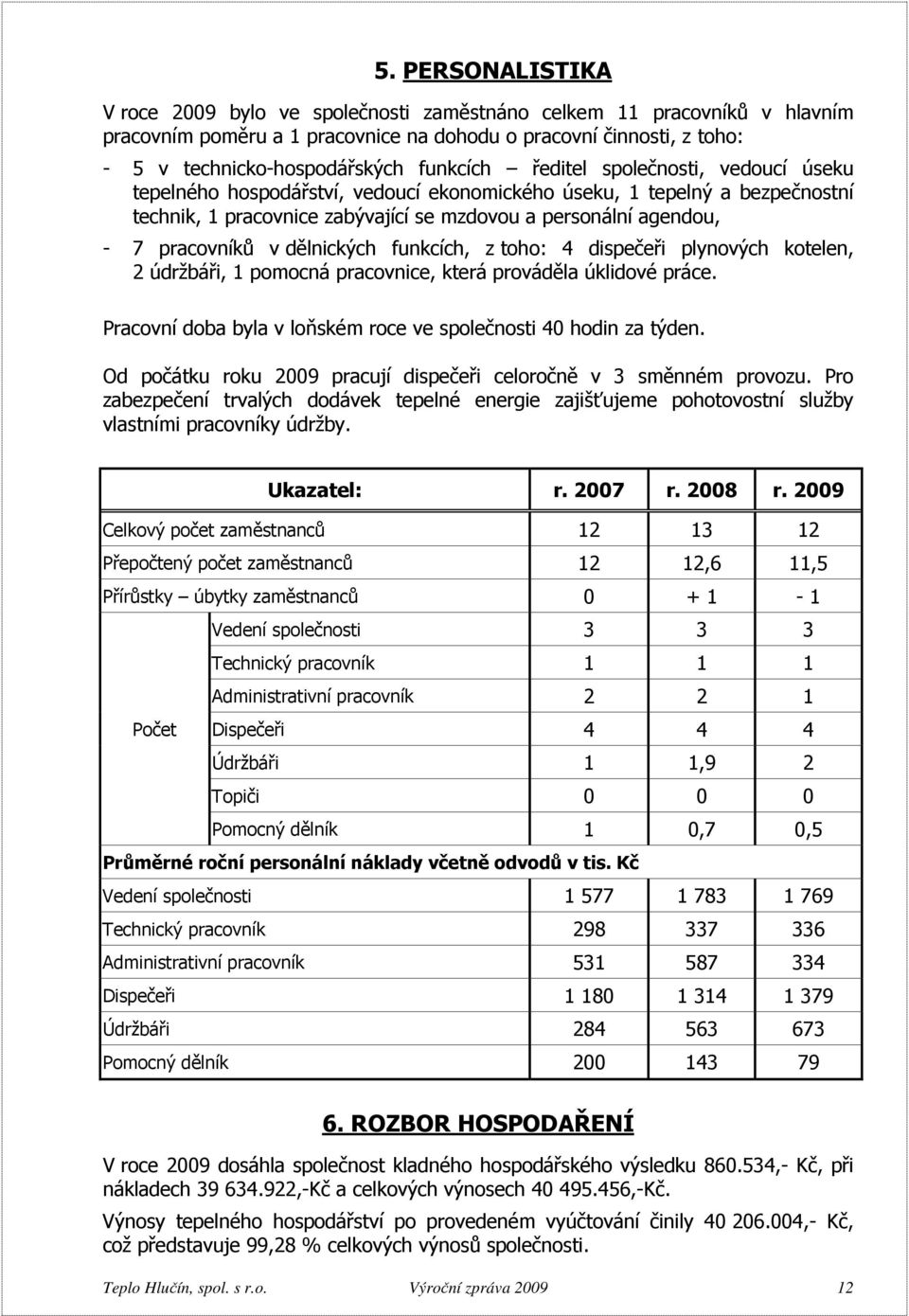 pracovníků v dělnických funkcích, z toho: 4 dispečeři plynových kotelen, 2 údržbáři, 1 pomocná pracovnice, která prováděla úklidové práce.