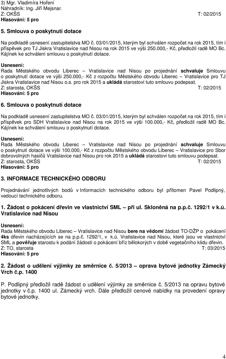 Kájínek ke schválení smlouvu o poskytnutí dotace. Rada Městského obvodu Liberec Vratislavice nad Nisou po projednání schvaluje Smlouvu o poskytnutí dotace ve výši 250.