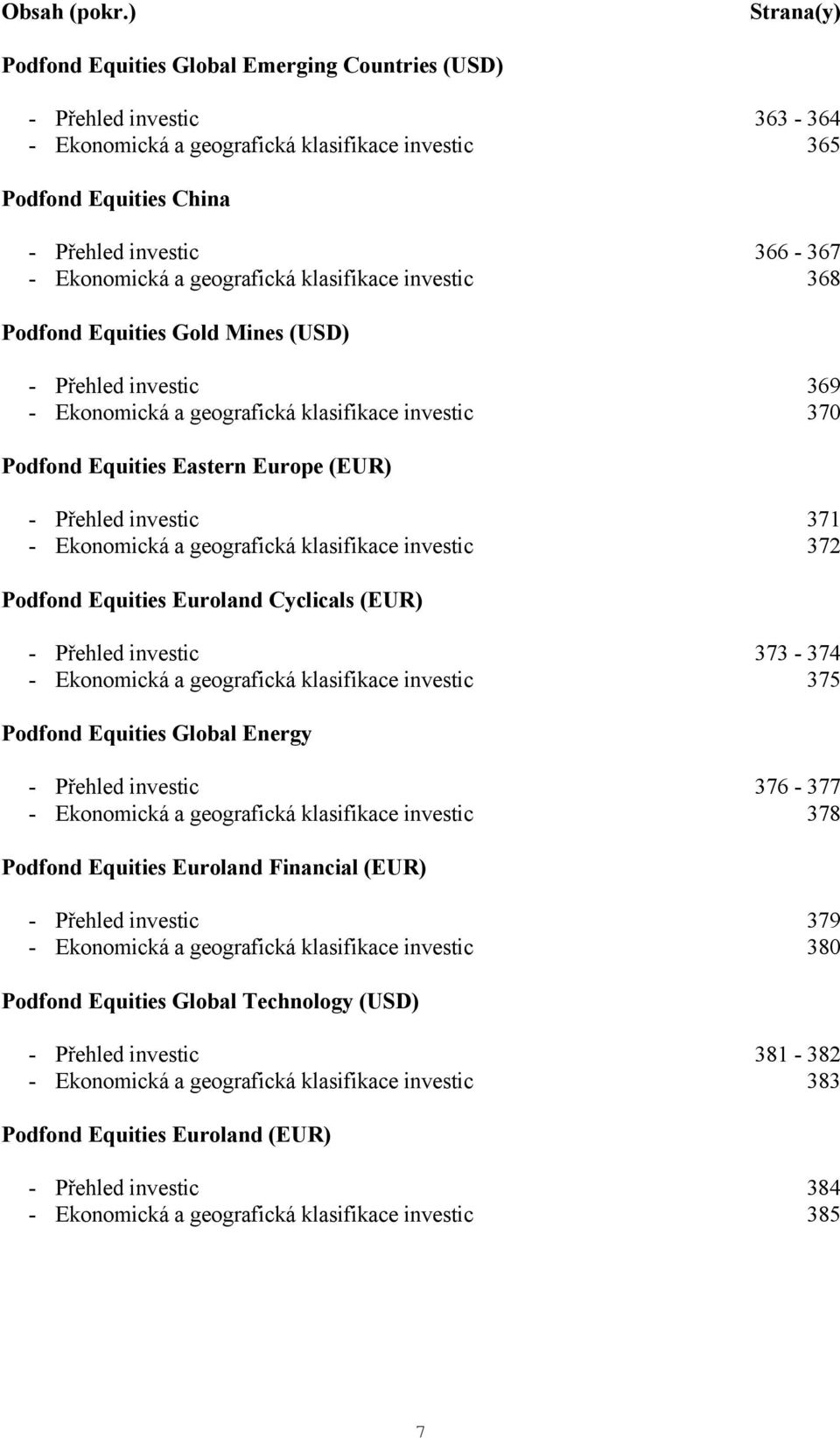 a geografická klasifikace investic 368 Podfond Equities Gold Mines () - Přehled investic 369 - Ekonomická a geografická klasifikace investic 370 Podfond Equities Eastern Europe () - Přehled investic