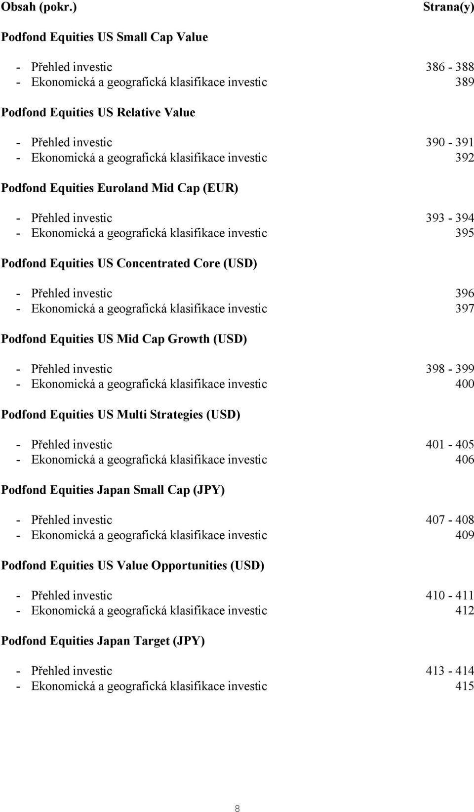 Ekonomická a geografická klasifikace investic 392 Podfond Equities Euroland Mid Cap () - Přehled investic 393-394 - Ekonomická a geografická klasifikace investic 395 Podfond Equities US Concentrated