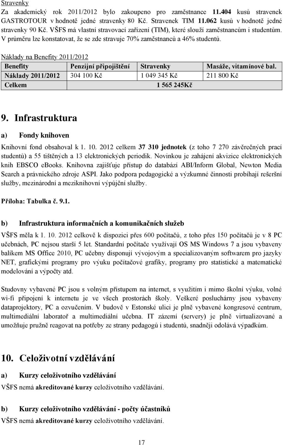 Náklady na Benefity 2011/2012 Benefity Penzijní připojištění Stravenky Masáže, vitamínové bal. Náklady 2011/2012 304 100 Kč 1 049 345 Kč 211 800 Kč Celkem 1 565 245Kč 9.