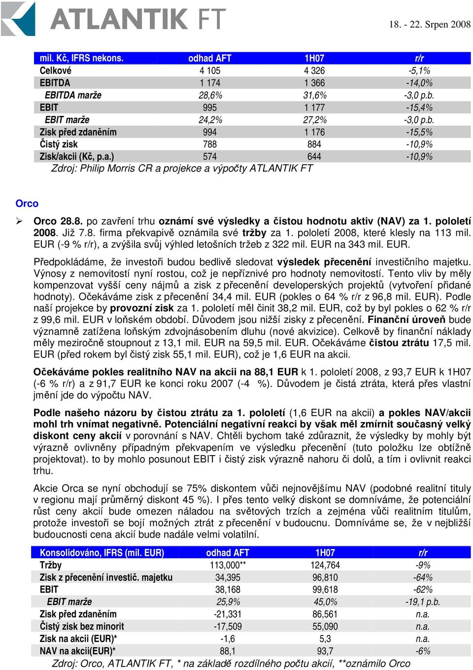 pololetí 2008, které klesly na 113 mil. EUR (-9 % r/r), a zvýšila svj výhled letošních tržeb z 322 mil. EUR na 343 mil. EUR. Pedpokládáme, že investoi budou bedliv sledovat výsledek pecenní investiního majetku.