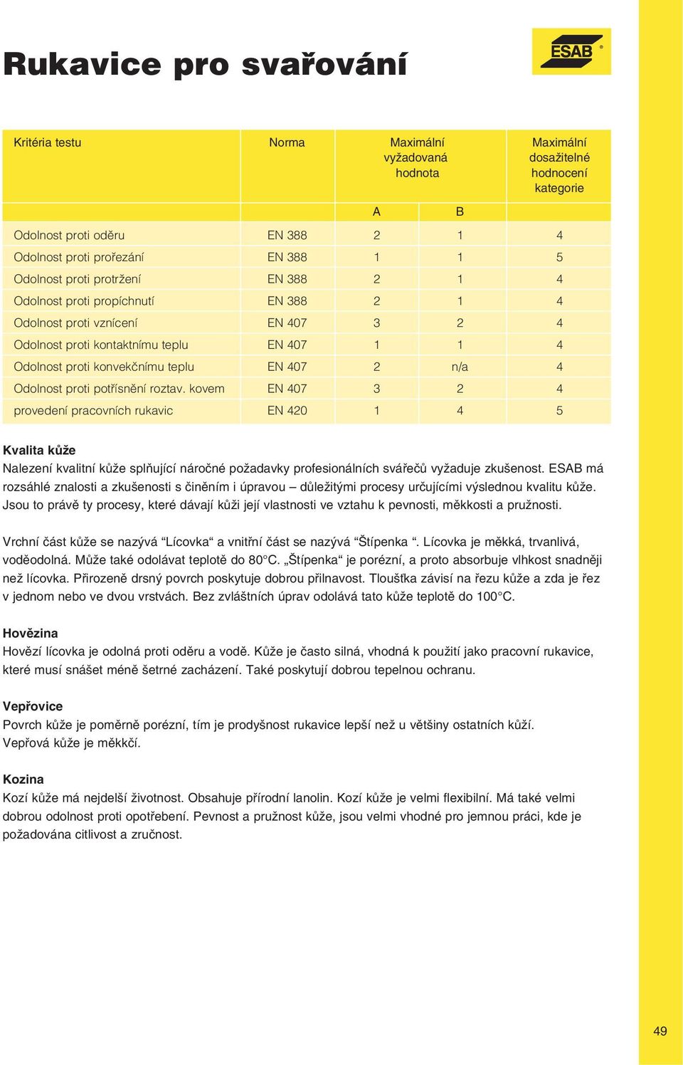 potřísnění roztav. kovem EN 407 3 2 4 provedení pracovních rukavic EN 420 1 4 5 Kvalita kůže Nalezení kvalitní kůže splňující náročné požadavky profesionálních svářečů vyžaduje zkušenost.