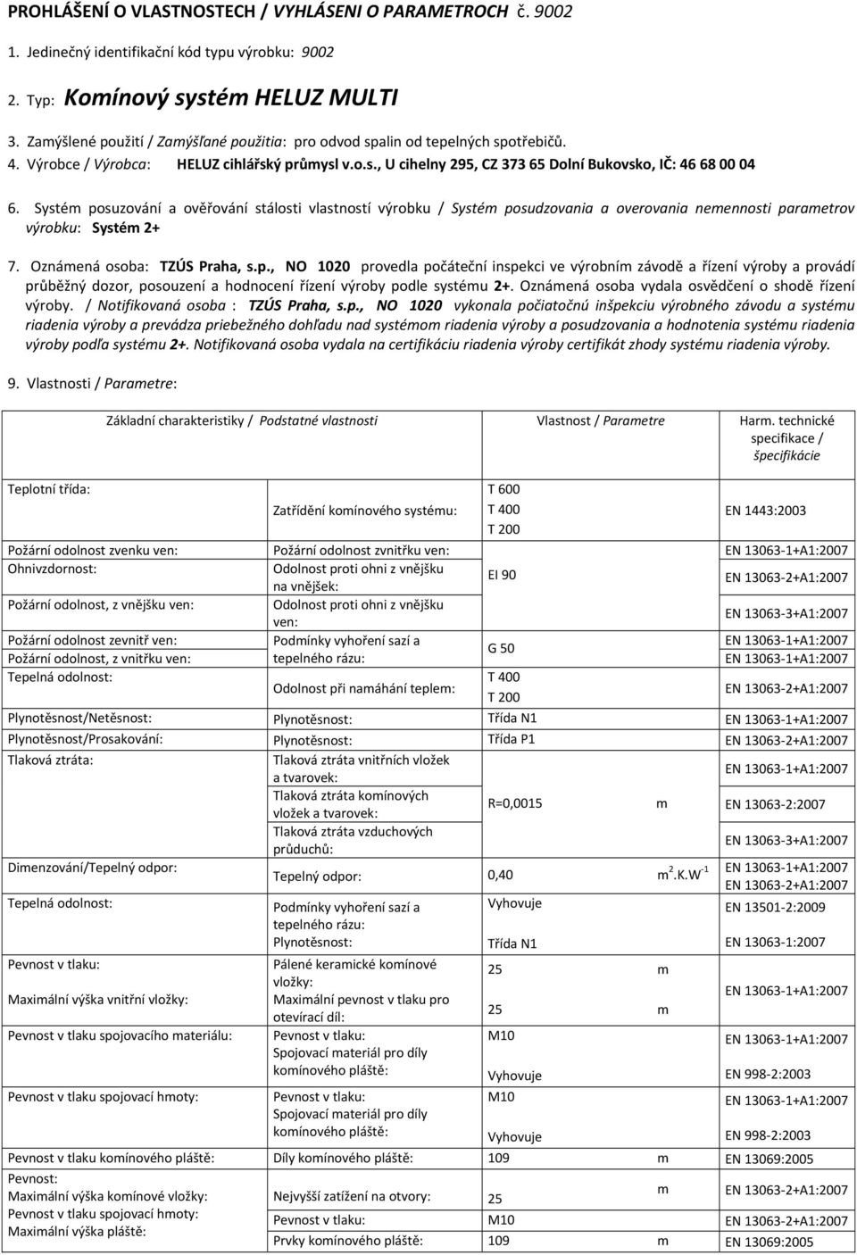 Systé posuzování a ověřování stálosti vlastností výrobku / Systé posudzovania a overovania neennosti paraetrov výrobku: Systé 2+ 7. Oznáená osoba: TZÚS Praha, s.p., NO 1020 provedla počáteční inspekci ve výrobní závodě a řízení výroby a provádí průběžný dozor, posouzení a hodnocení řízení výroby podle systéu 2+.