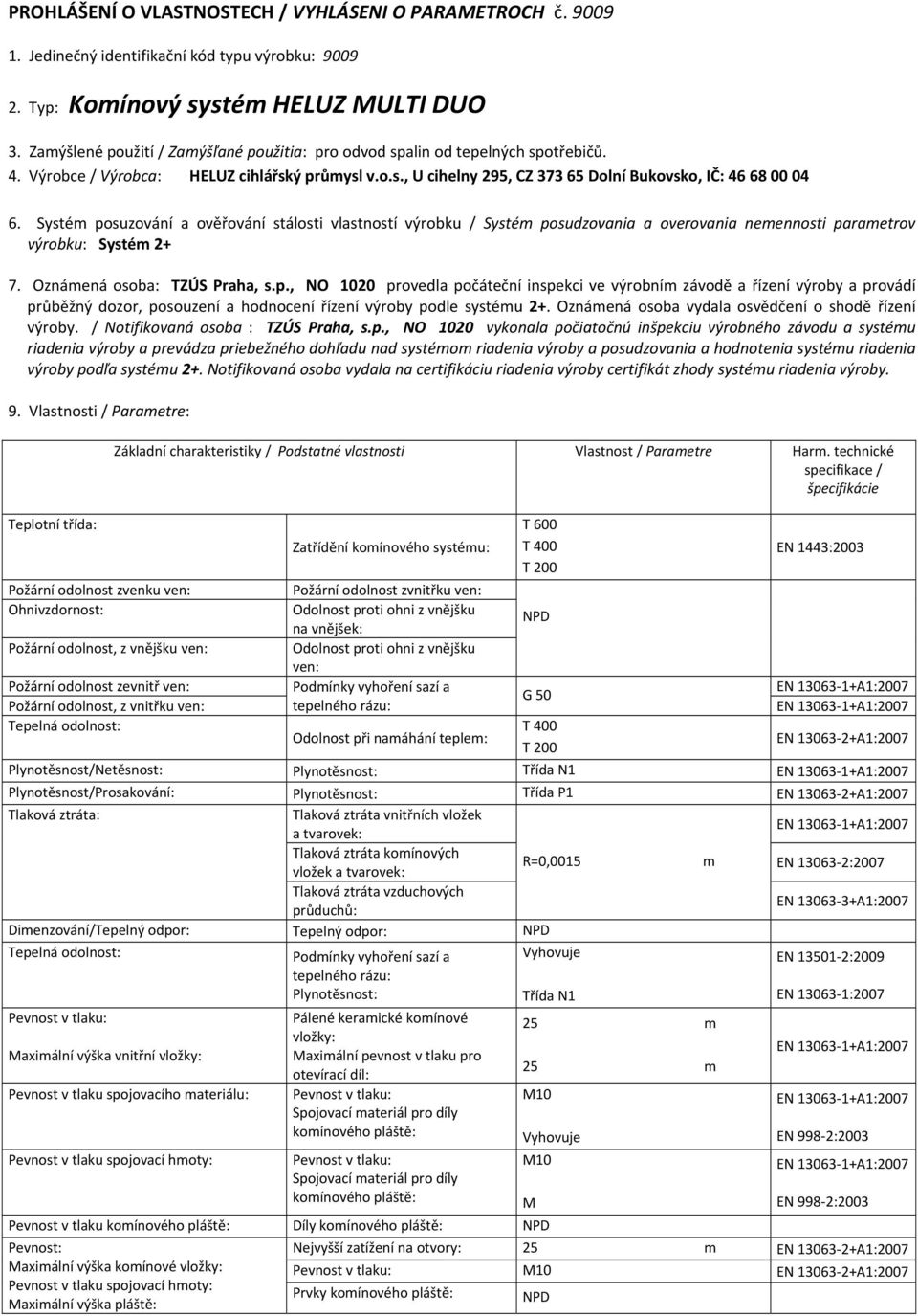 Systé posuzování a ověřování stálosti vlastností výrobku / Systé posudzovania a overovania neennosti paraetrov výrobku: Systé 2+ 7. Oznáená osoba: TZÚS Praha, s.p., NO 1020 provedla počáteční inspekci ve výrobní závodě a řízení výroby a provádí průběžný dozor, posouzení a hodnocení řízení výroby podle systéu 2+.