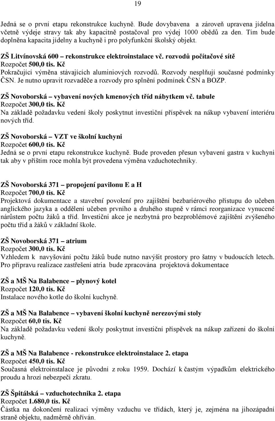 Kč Pokračující výměna stávajících aluminiových rozvodů. Rozvody nesplňují současné podmínky ČSN. Je nutno upravit rozvaděče a rozvody pro splnění podmínek ČSN a BOZP.