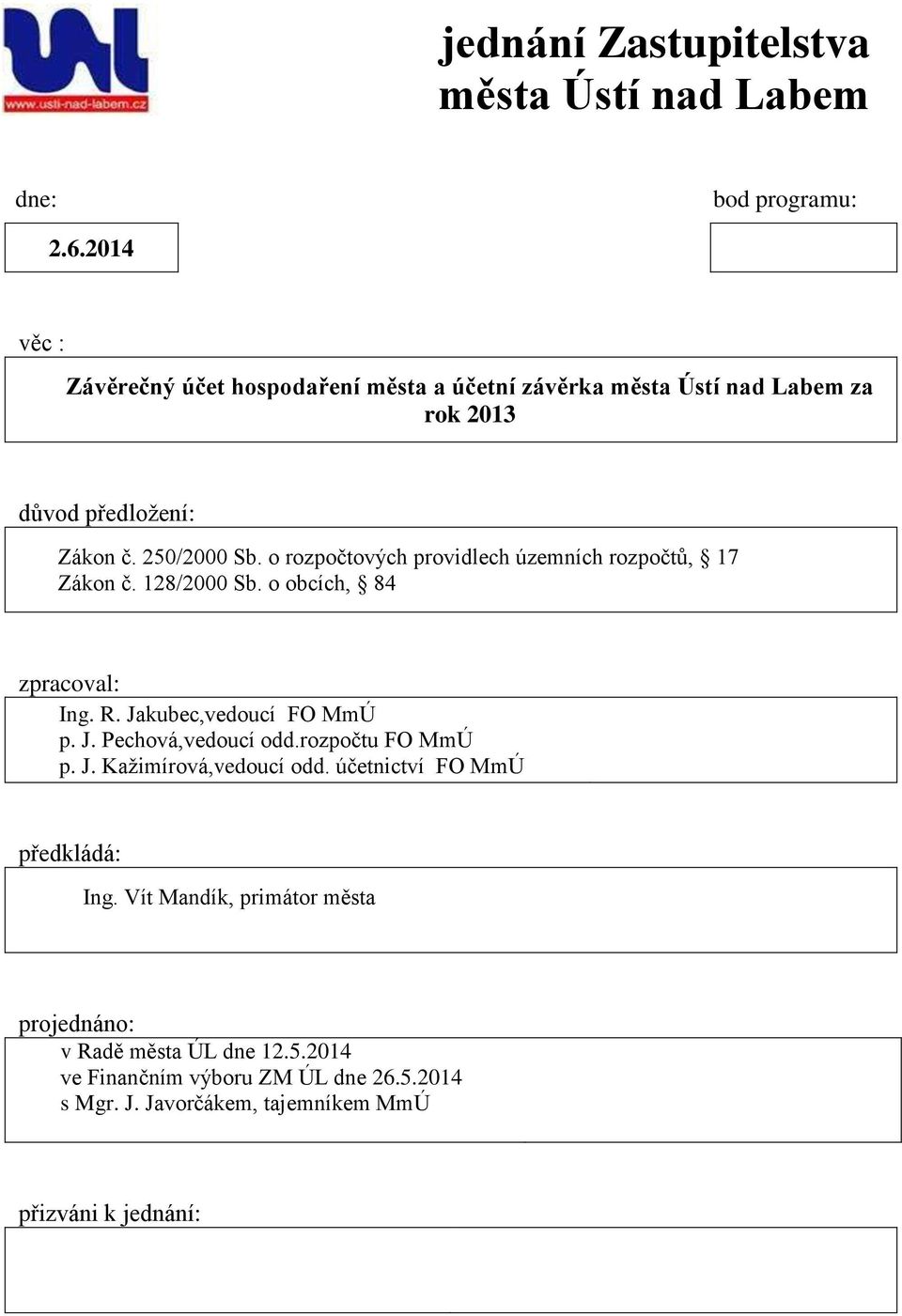 o rozpočtových providlech územních rozpočtů, 17 Zákon č. 128/2000 Sb. o obcích, 84 zpracoval: Ing. R. Jakubec,vedoucí FO MmÚ p. J. Pechová,vedoucí odd.