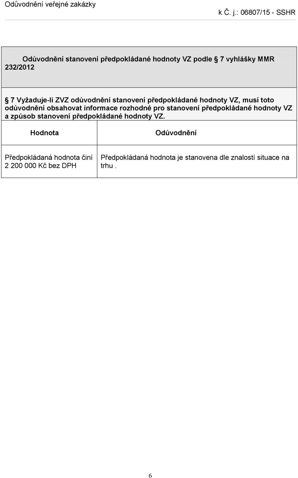 stanovení předpokládané hodnoty VZ a způsob stanovení předpokládané hodnoty VZ.