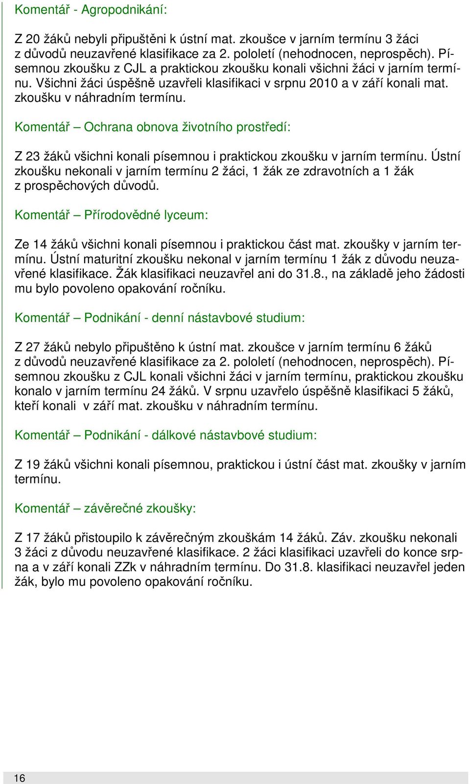 Komentář Ochrana obnova životního prostředí: Z 23 žáků všichni konali písemnou i praktickou zkoušku v jarním termínu.