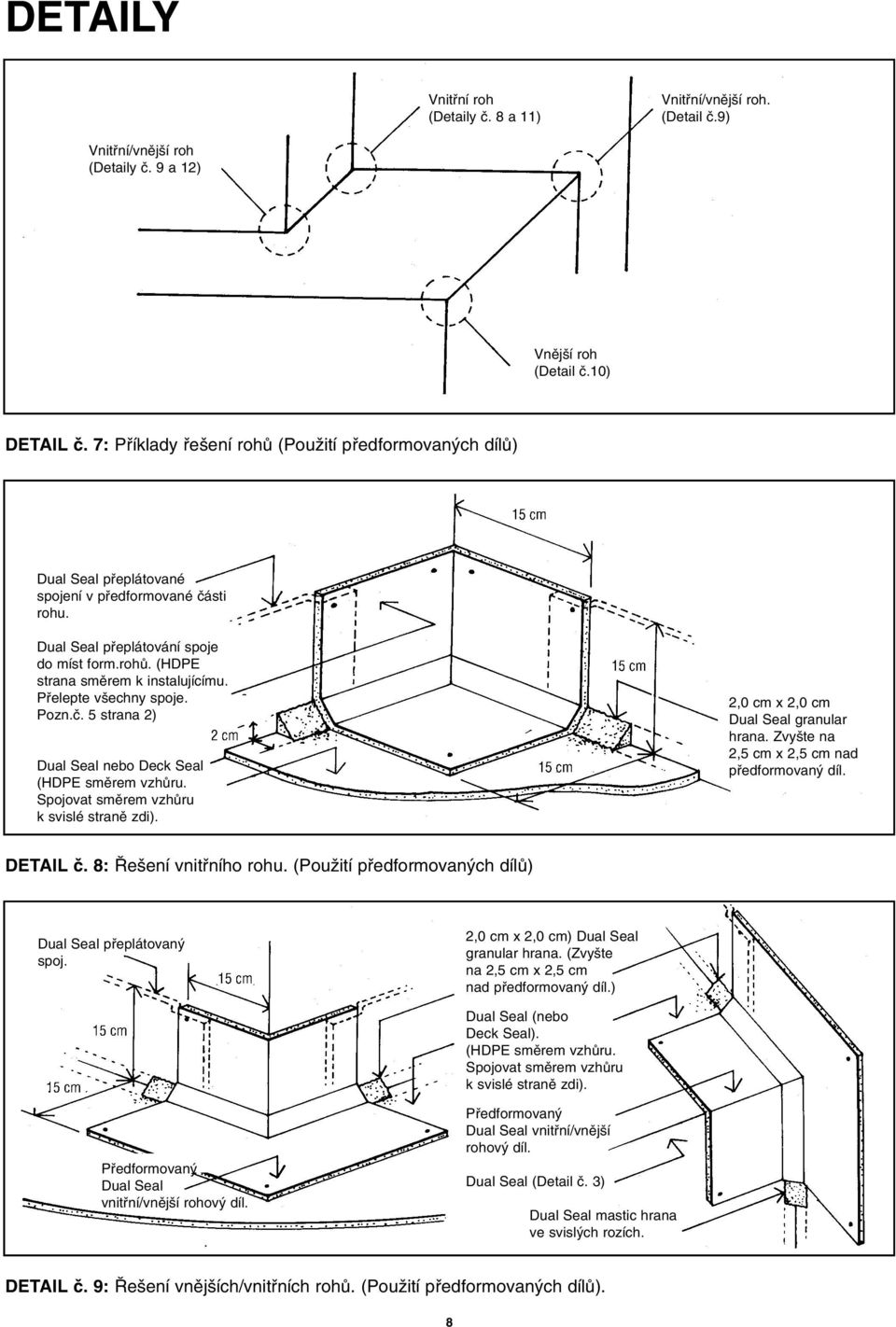 Pfielepte v echny spoje. Pozn.ã. 5 strana 2) Dual Seal nebo Deck Seal (HDPE smûrem vzhûru. Spojovat smûrem vzhûru k svislé stranû zdi). 2,0 cm x 2,0 cm Dual Seal granular hrana.