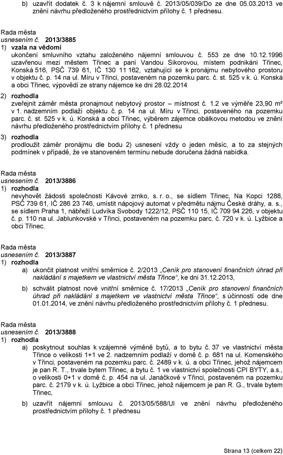 1996 uzavřenou mezi městem Třinec a paní Vandou Sikorovou, místem podnikání Třinec, Konská 516, PSČ 739 61, IČ 130 11 162, vztahující se k pronájmu nebytového prostoru v objektu č. p. 14 na ul.