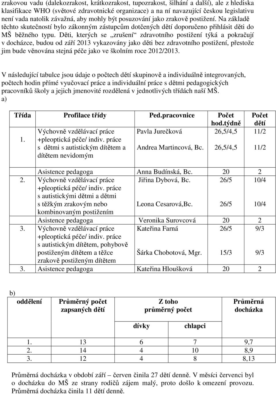 Děti, kterých se zrušení zdravotního postižení týká a pokračují v docházce, budou od září 2013 vykazovány jako děti bez zdravotního postižení, přestože jim bude věnována stejná péče jako ve školním