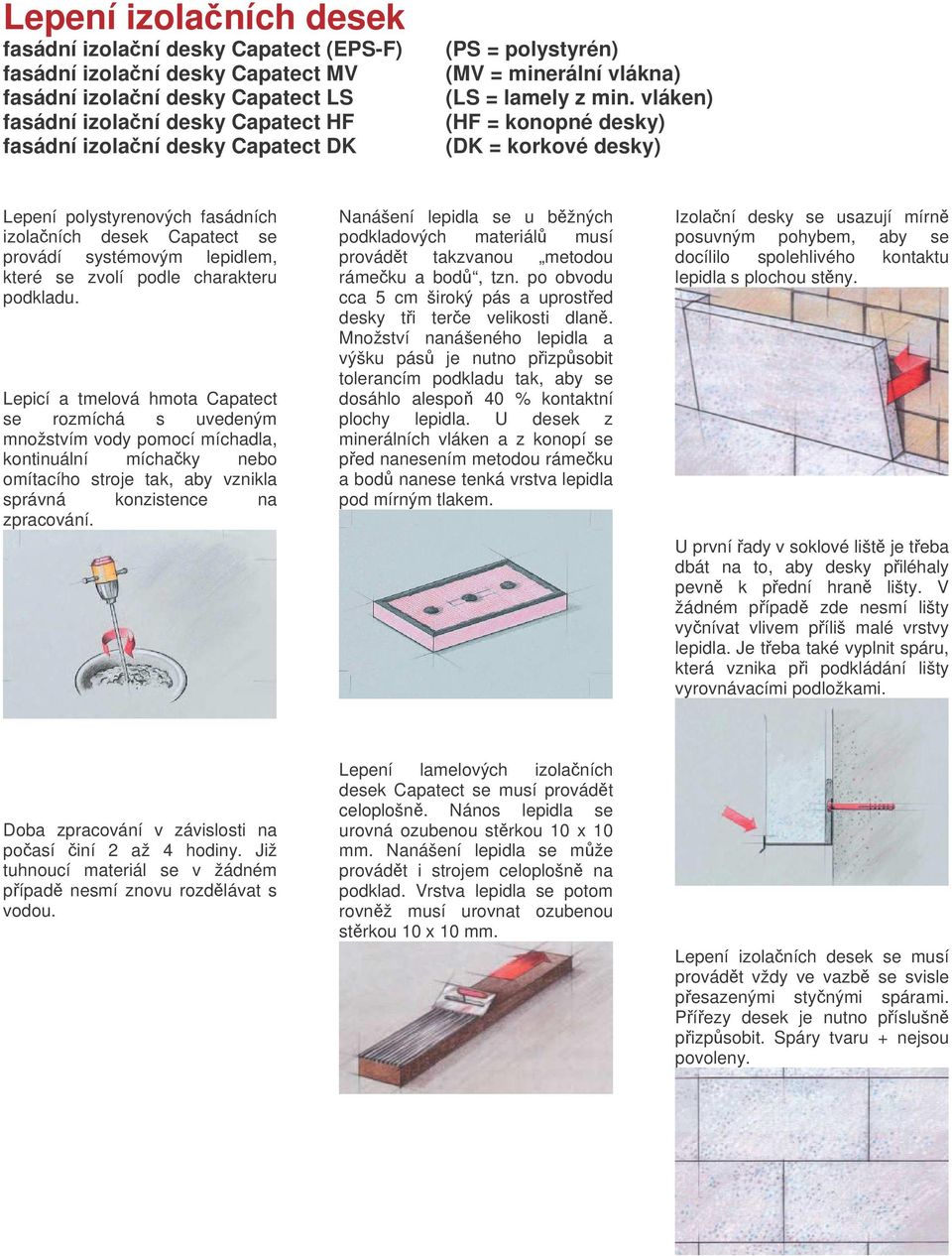 vláken) (HF = konopné desky) (DK = korkové desky) Lepení polystyrenových fasádních izolaních desek Capatect se provádí systémovým lepidlem, které se zvolí podle charakteru podkladu.