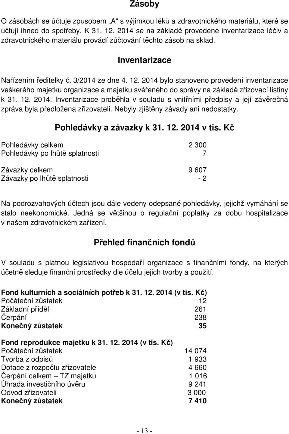 2014 bylo stanoveno provedení inventarizace veškerého majetku organizace a majetku svěřeného do správy na základě zřizovací listiny k 31. 12. 2014.