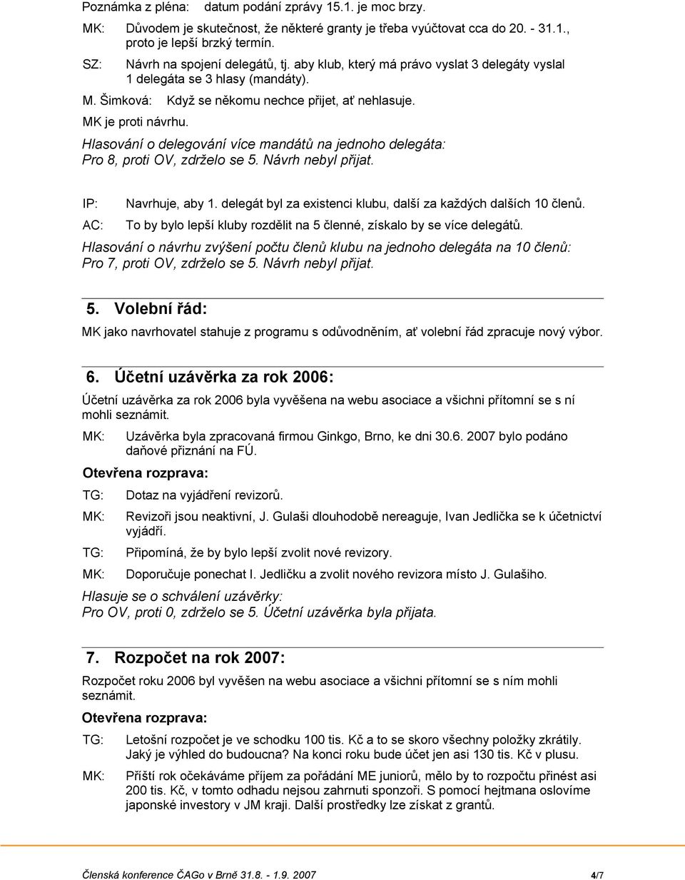 Hlasování o delegování více mandátů na jednoho delegáta: Pro 8, proti OV, zdrželo se 5. Návrh nebyl přijat. IP: AC: Navrhuje, aby 1. delegát byl za existenci klubu, další za každých dalších 10 členů.