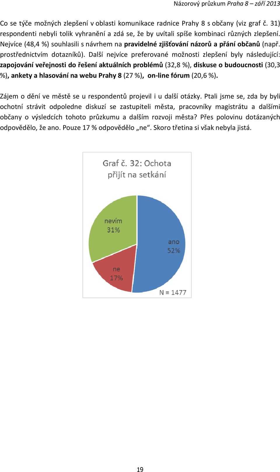 Další nejvíce preferované možnosti zlepšení byly následující: zapojování veřejnosti do řešení aktuálních problémů (32,8 %), diskuse o budoucnosti (30,3 %), ankety a hlasování na webu Prahy 8 (27 %),