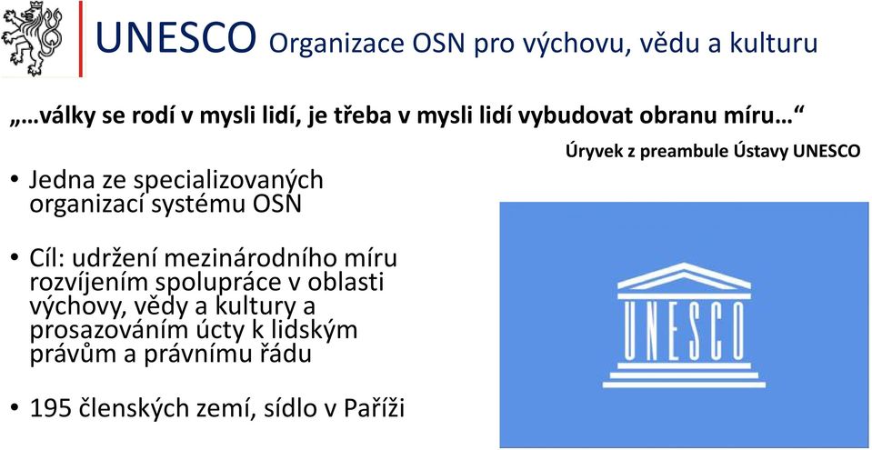 mezinárodního míru rozvíjením spolupráce v oblasti výchovy, vědy a kultury a prosazováním úcty