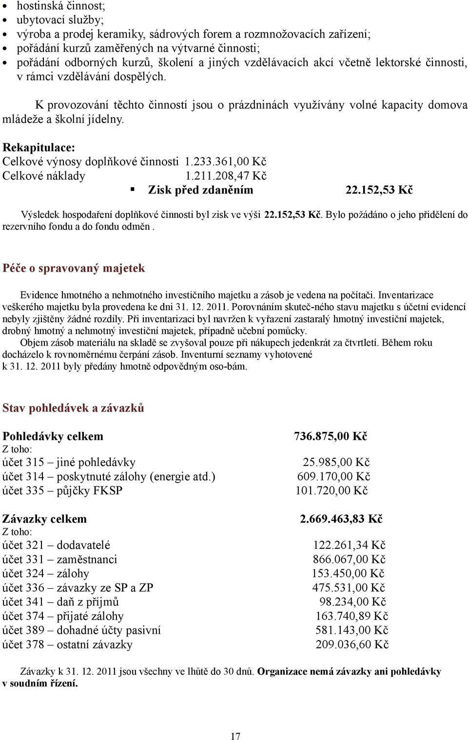 Rekapitulace: Celkové výnosy doplňkové činnosti 1.233.361,00 Kč Celkové náklady 1.211.208,47 Kč Zisk před zdaněním 22.152,53 Kč Výsledek hospodaření doplňkové činnosti byl zisk ve výši 22.152,53 Kč. Bylo požádáno o jeho přidělení do rezervního fondu a do fondu odměn.