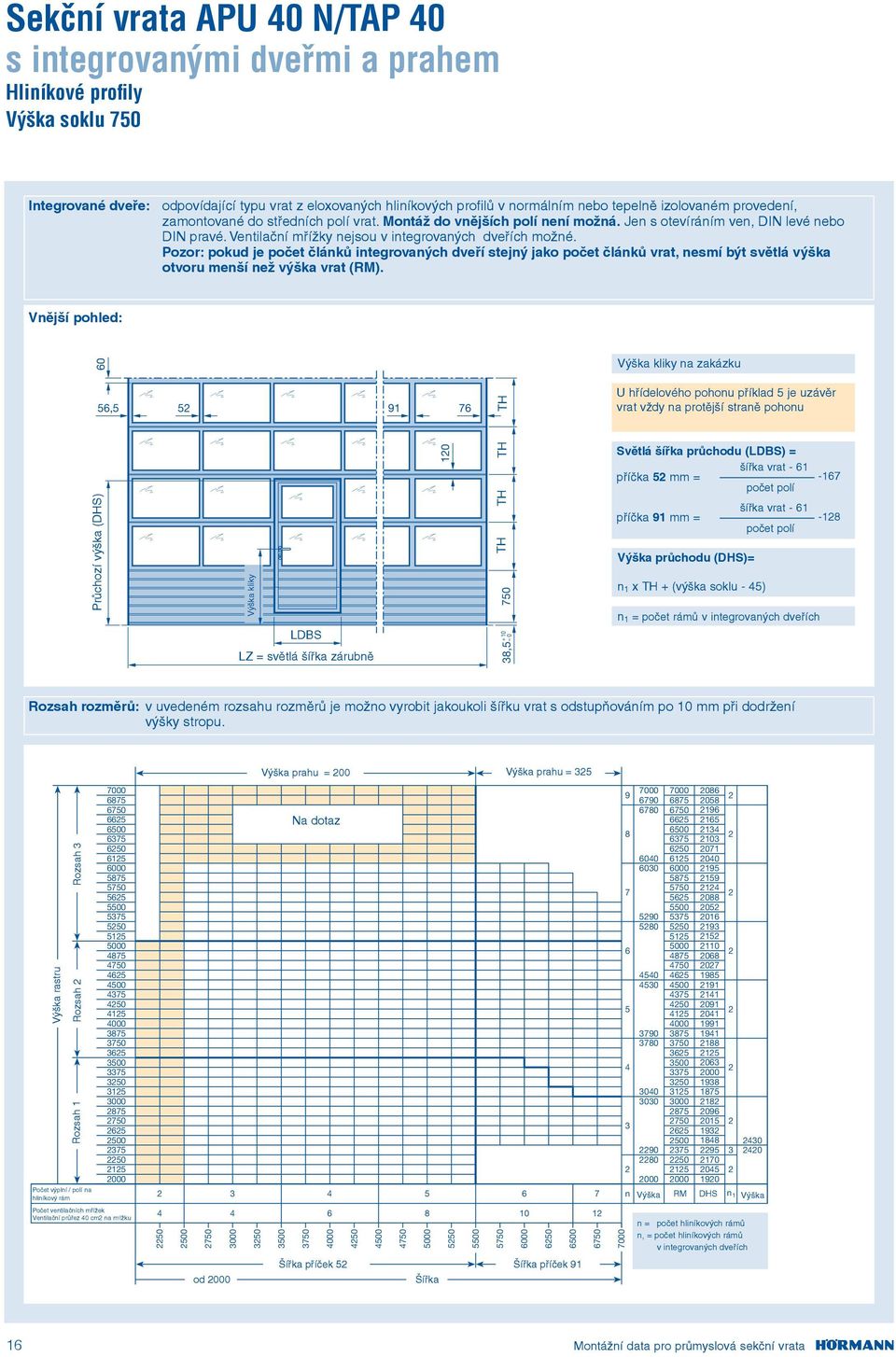 Pozor: pokud je počet článků integrovaných dveří stejný jako počet článků vrat, nesmí být světlá výška otvoru menší než výška vrat (RM).