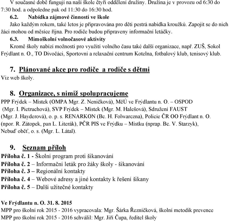 Pro rodiče budou připraveny informační letáčky. 6.3. Mimoškolní volnočasové aktivity Kromě školy nabízí moţnosti pro vyuţití volného času také další organizace, např. ZUŠ, Sokol Frýdlant n. O.