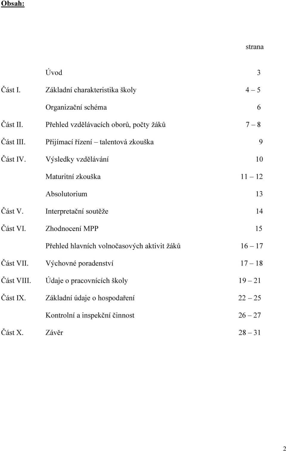 Výsledky vzdělávání 10 Mturitní zkoušk 11 12 Absolutorium 13 Část V. Interpretční soutěže 14 Část VI.