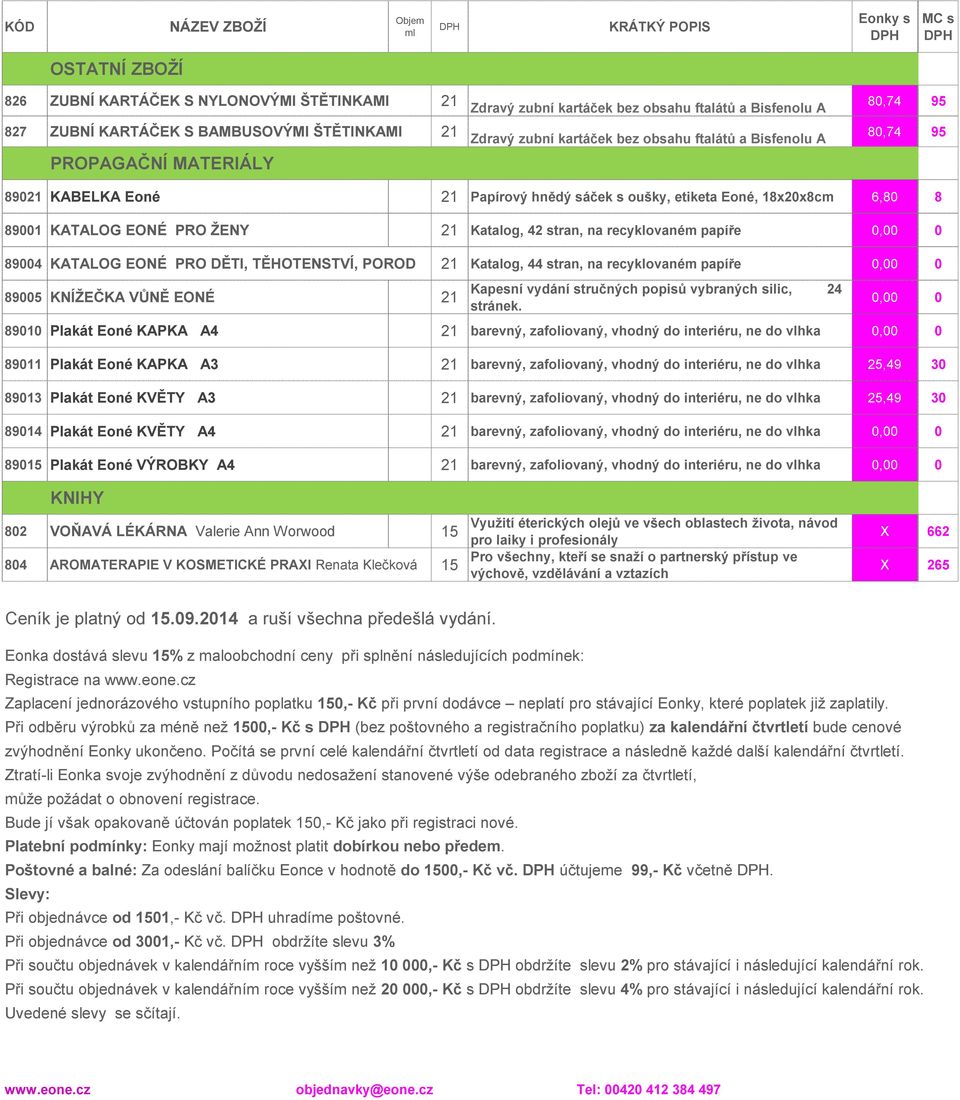 recyklovaném papíře 0,00 0 89004 KATALOG EONÉ PRO DĚTI, TĚHOTENSTVÍ, POROD 21 Katalog, 44 stran, na recyklovaném papíře 0,00 0 89005 KNÍŽEČKA VŮNĚ EONÉ 21 Kapesní vydání stručných popisů vybraných