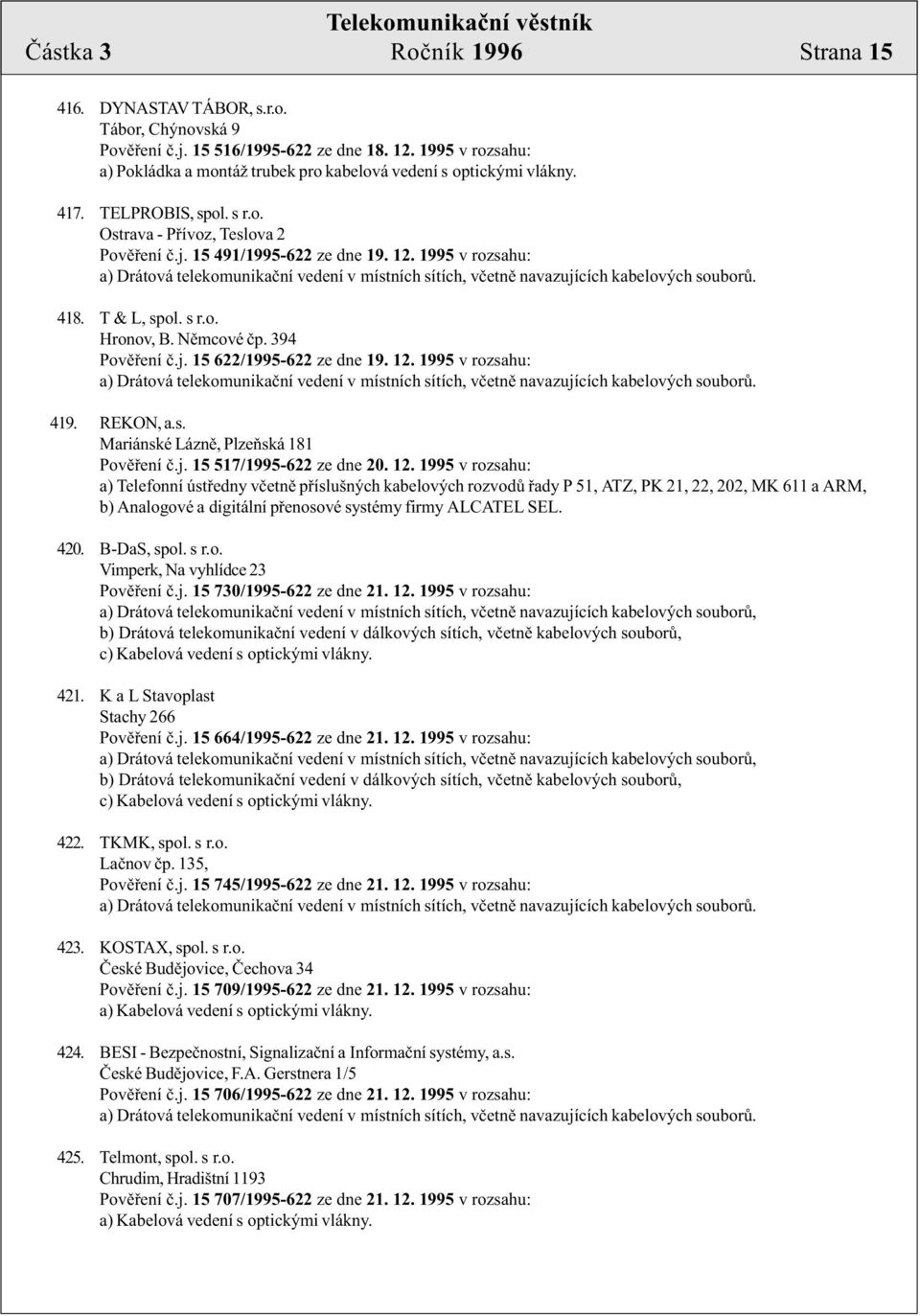 1995 v rozsahu: 418. T & L, spol. s r.o. Hronov, B. Nìmcové èp. 394 Povìøení è.j. 15 622/1995-622 ze dne 19. 12. 1995 v rozsahu: 419. REKON, a.s. Mariánské Láznì, Plzeòská 181 Povìøení è.j. 15 517/1995-622 ze dne 20.