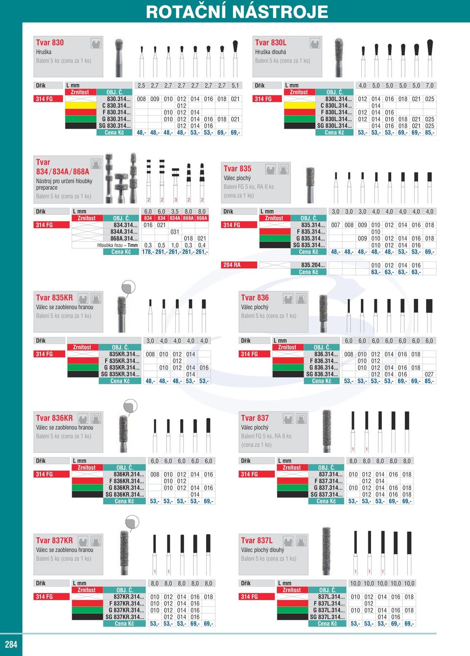 314... 012 014 016 G 830L.314... 012 014 016 018 021 025 SG 830L.314... 014 016 018 021 025 Cena Kč 53,- 53,- 53,- 69,- 69,- 85,- Tvar 834 / 834A / 868A Nástroj pro určení hloubky preparace 2 2 3 2 2