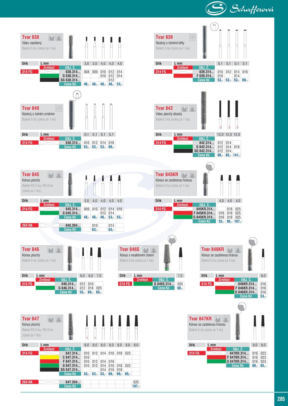 314... 012 014 G 842.314... 012 014 018 SG 842.314... 012 014 Cena Kč 69,- 85,- 141,- Tvar 845 Kónus plochý Balení FG 5 ks, RA 6 ks Dřík L mm 3,0 4,0 4,0 4,0 4,0 314 FG 845.314... 009 010 012 014 016 G 845.