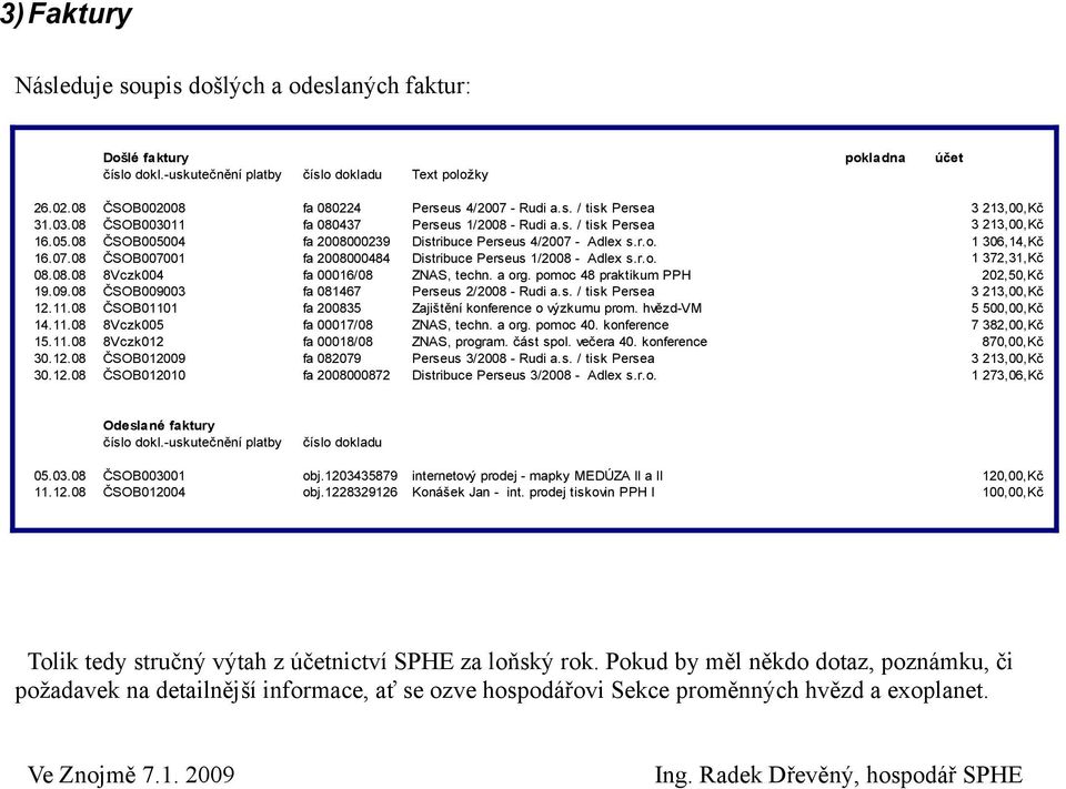 r.o. 1 372,31,Kč 08.08.08 8Vczk004 fa 00016/08 ZNAS, techn. a org. pomoc 48 praktikum PPH 202,50,Kč 19.09.08 ČSOB009003 fa 081467 Perseus 2/2008 - Rudi a.s. / tisk Persea 12.11.