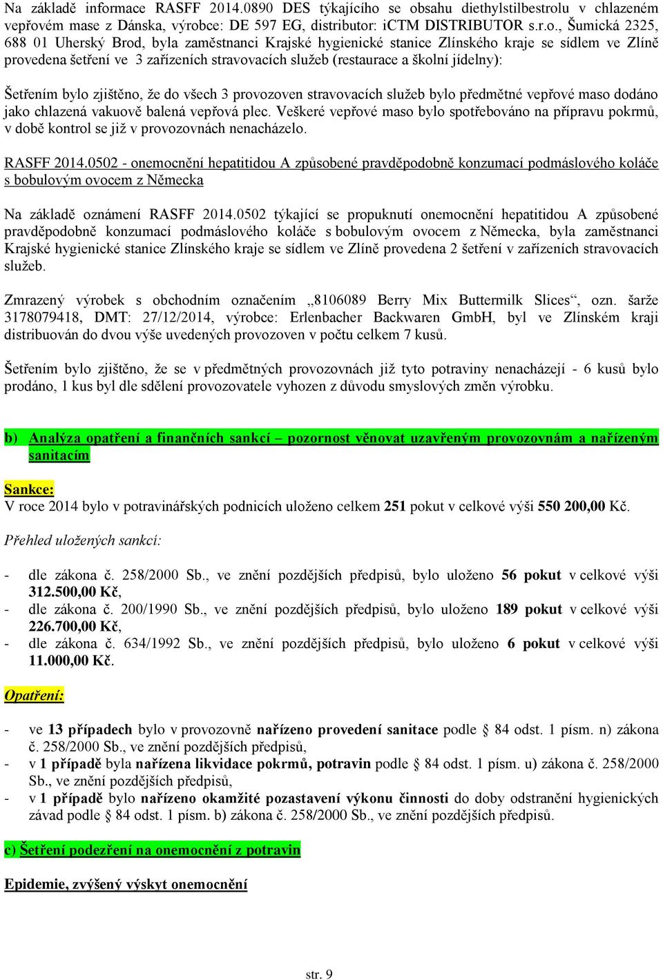 se obsahu diethylstilbestrolu v chlazeném vepřovém mase z Dánska, výrobce: DE 597 EG, distributor: ictm DISTRIBUTOR s.r.o., Šumická 2325, 688 01 Uherský Brod, byla zaměstnanci Krajské hygienické