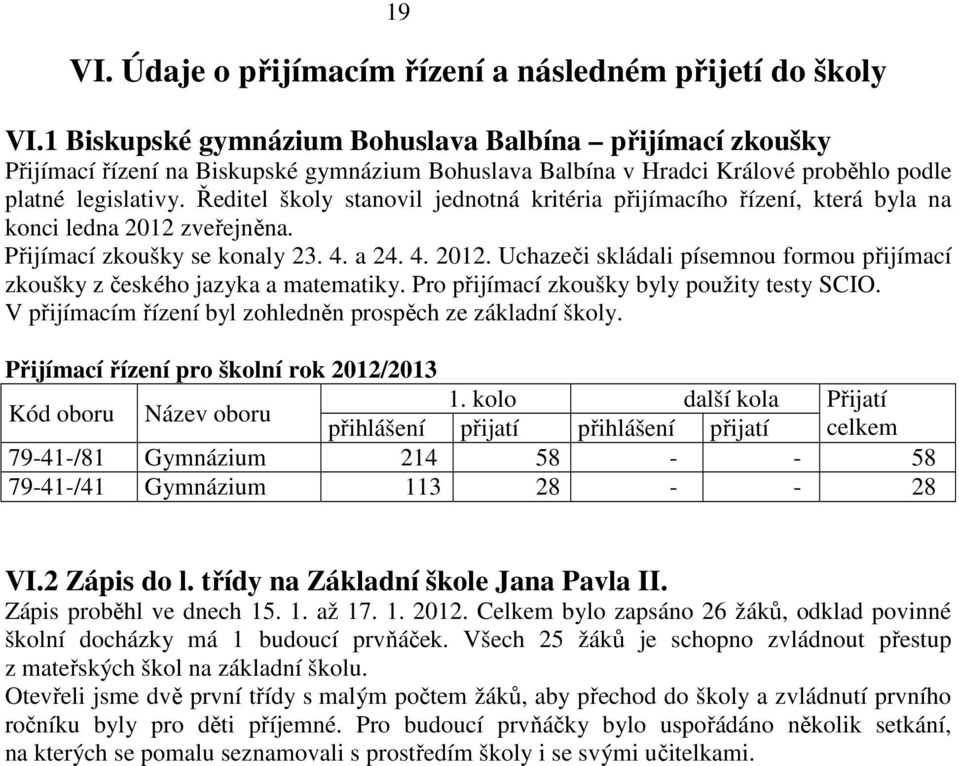 Ředitel školy stanovil jednotná kritéria přijímacího řízení, která byla na konci ledna 2012 zveřejněna. Přijímací zkoušky se konaly 23. 4. a 24. 4. 2012. Uchazeči skládali písemnou formou přijímací zkoušky z českého jazyka a matematiky.