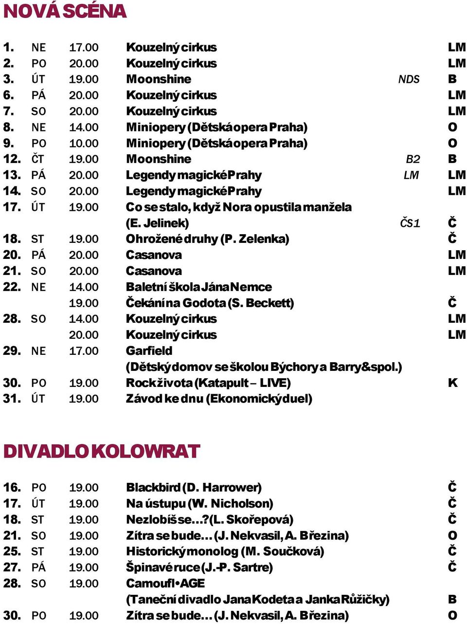 00 Co se stalo, když Nora opustila manžela (E. Jelinek) ČS1 Č 18. ST 19.00 Ohrožené druhy (P. Zelenka) Č 20. PÁ 20.00 Casanova LM 21. SO 20.00 Casanova LM 22. NE 14.00 Baletní škola Jána Nemce 19.