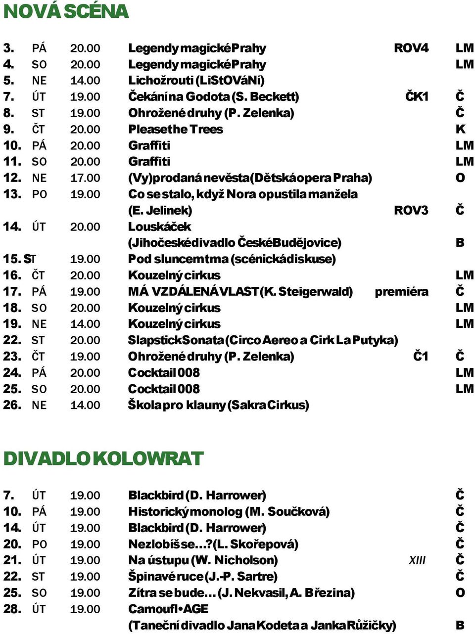 00 Co se stalo, když Nora opustila manžela (E. Jelinek) ROV3 Č 14. ÚT 20.00 Louskáček (Jihočeskédivadlo ČeskéBudějovice) B 15. ST 19.00 Pod sluncem tma (scénická diskuse) 16. ČT 20.