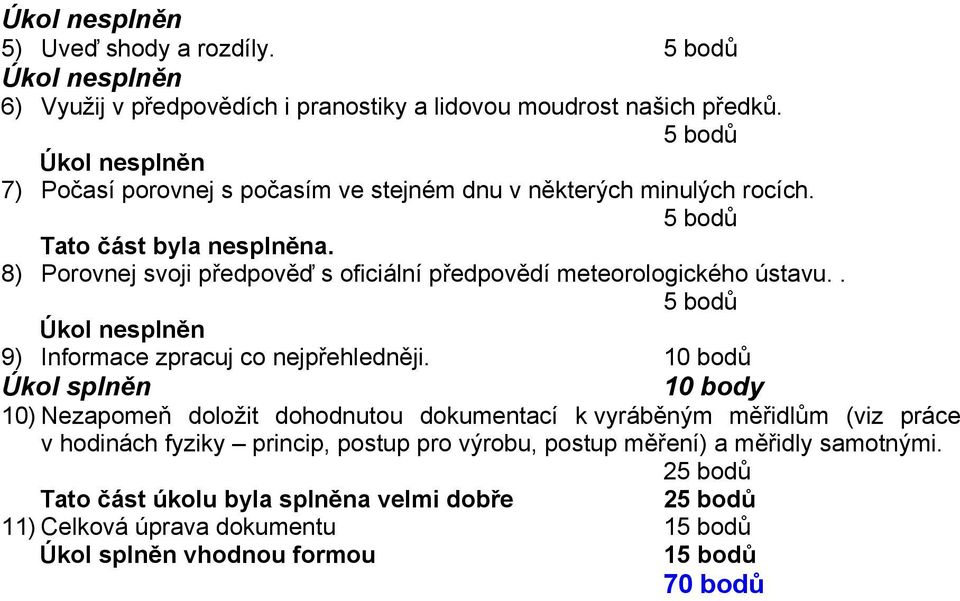 8) Porovnej svoji předpověď s oficiální předpovědí meteorologického ústavu.. Úkol nesplněn 9) Informace zpracuj co nejpřehledněji.