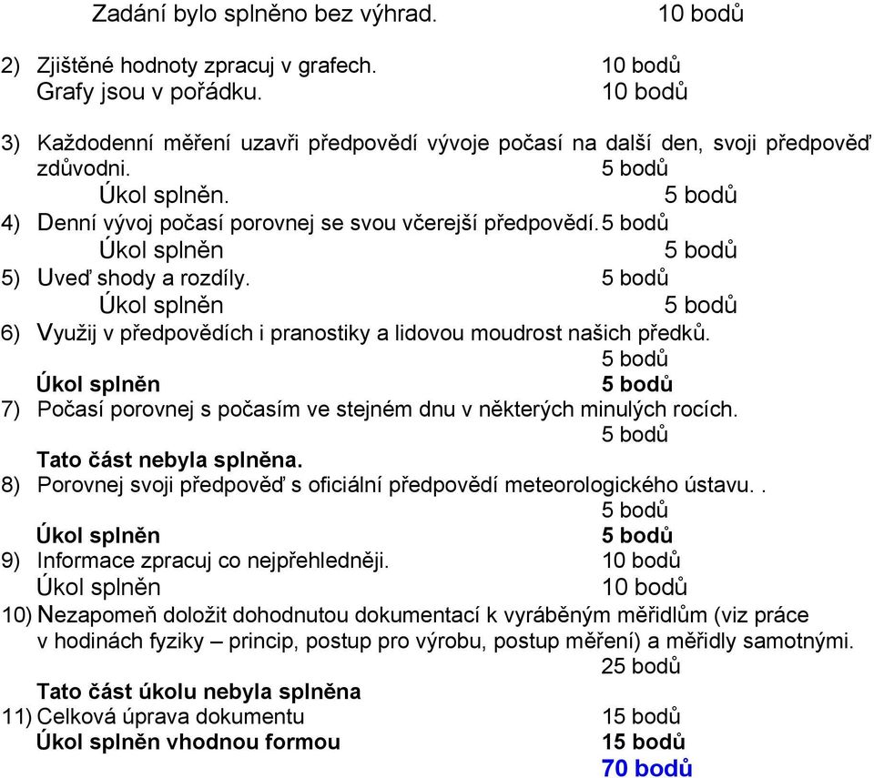 7) Počasí porovnej s počasím ve stejném dnu v některých minulých rocích. Tato část nebyla splněna. 8) Porovnej svoji předpověď s oficiální předpovědí meteorologického ústavu.