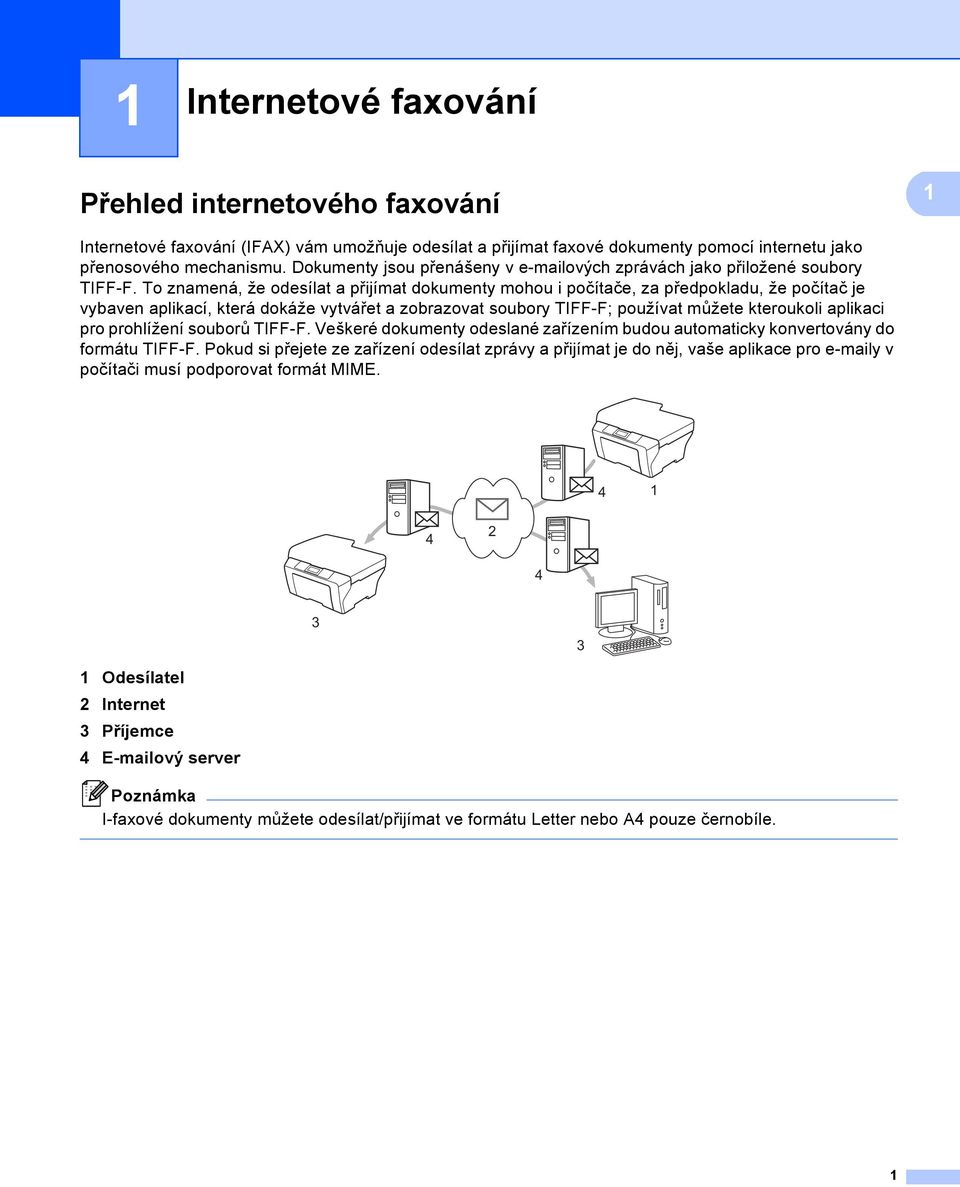 To znamená, že odesílat a přijímat dokumenty mohou i počítače, za předpokladu, že počítač je vybaven aplikací, která dokáže vytvářet a zobrazovat soubory TIFF-F; používat můžete kteroukoli aplikaci
