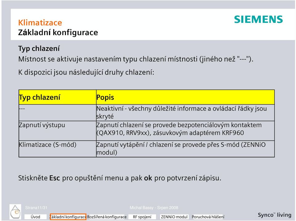 Zapnutí výstupu Zapnutí chlazení se provede bezpotenciálovým kontaktem (QAX910, RRV9xx), zásuvkovým adaptérem KRF960 Klimatizace (S-mód)