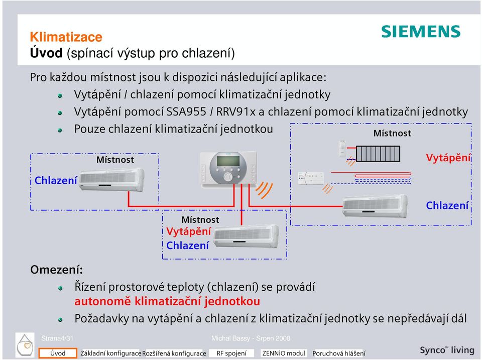 Místnost Místnost Vytápění Chlazení Místnost Vytápění Chlazení Chlazení Omezení: Řízení prostorové teploty (chlazení) se provádí