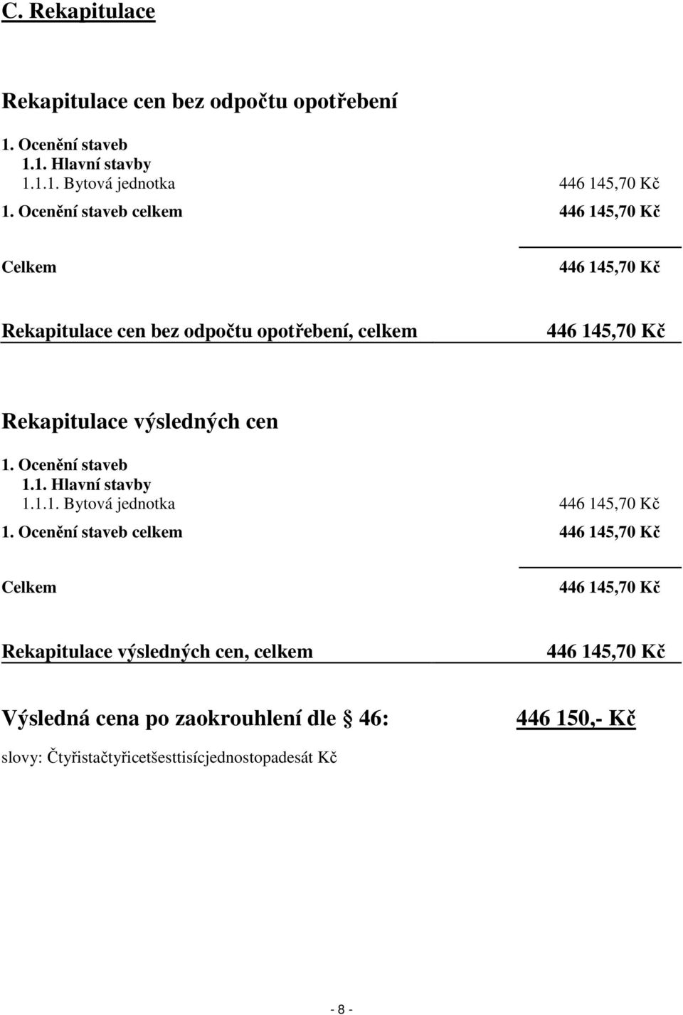 cen 1. Ocenění staveb 1.1. Hlavní stavby 1.1.1. Bytová jednotka 446 145,70 Kč 1.