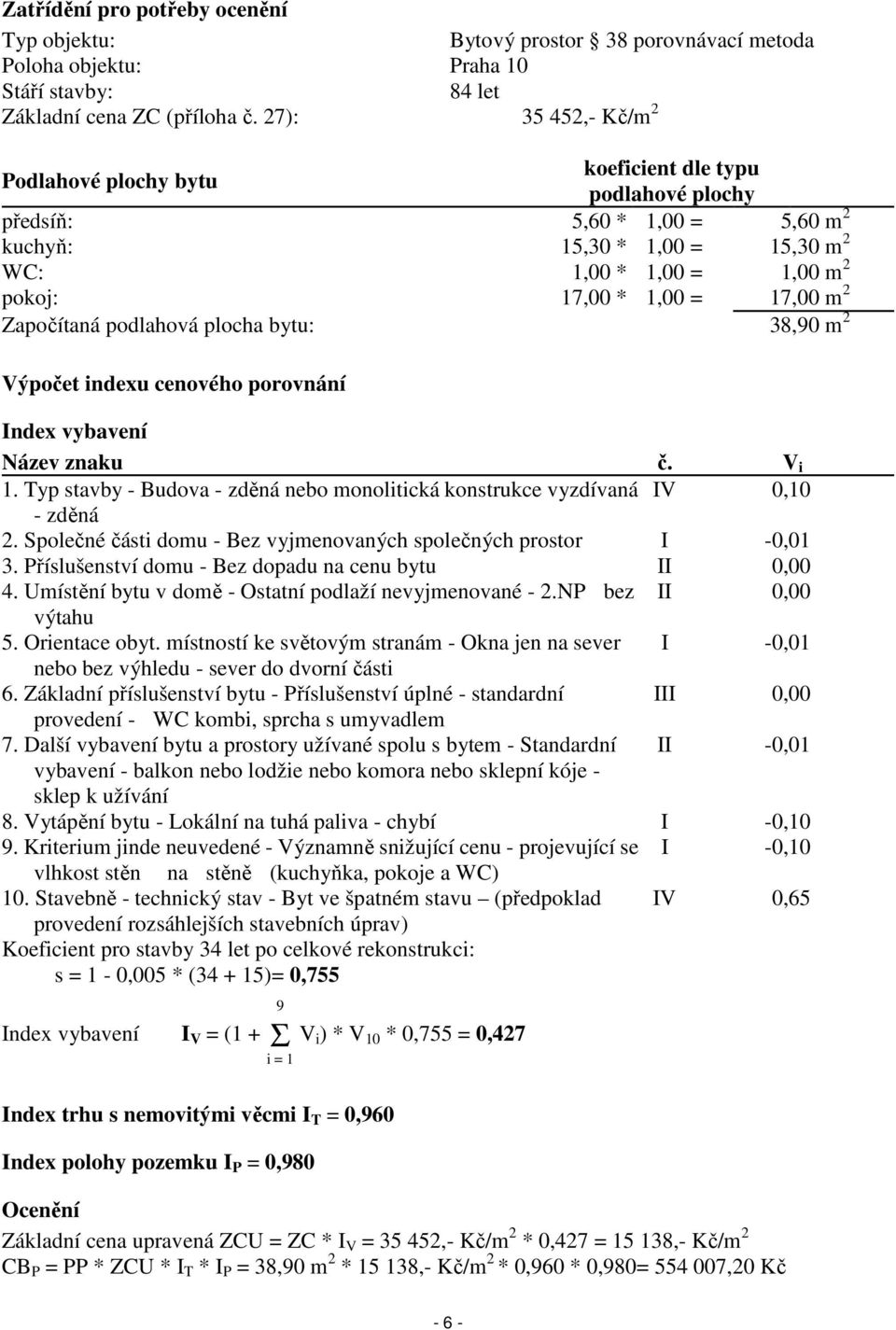 m 2 Započítaná podlahová plocha bytu: 38,90 m 2 Výpočet indexu cenového porovnání Index vybavení Název znaku č. V i 1.
