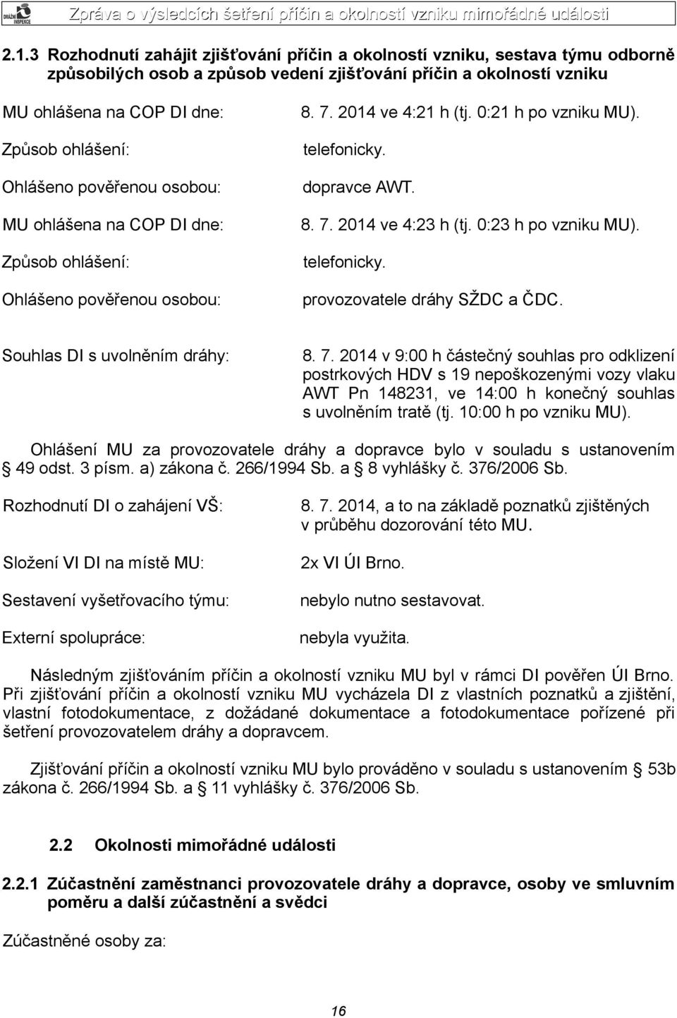 0:23 h po vzniku MU). telefonicky. provozovatele dráhy SŽDC a ČDC. Souhlas DI s uvolněním dráhy: 8. 7.